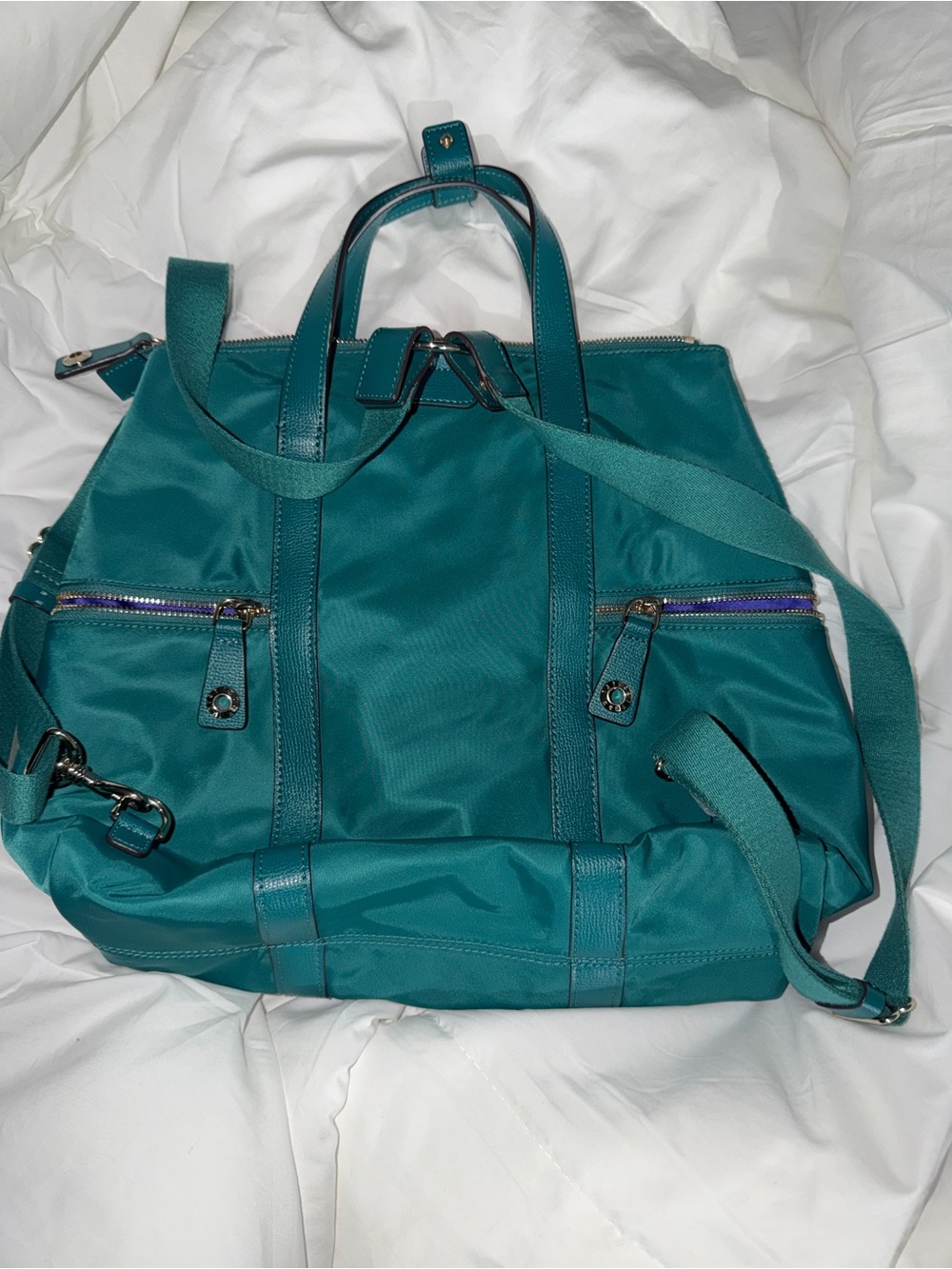 Henri Bendel New York Teal Jetsetter Hand Bag/Satchel/Backpack Purple Lining - Picture 2 of 11